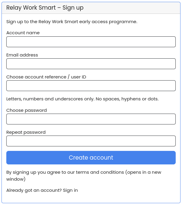 Sign up screen